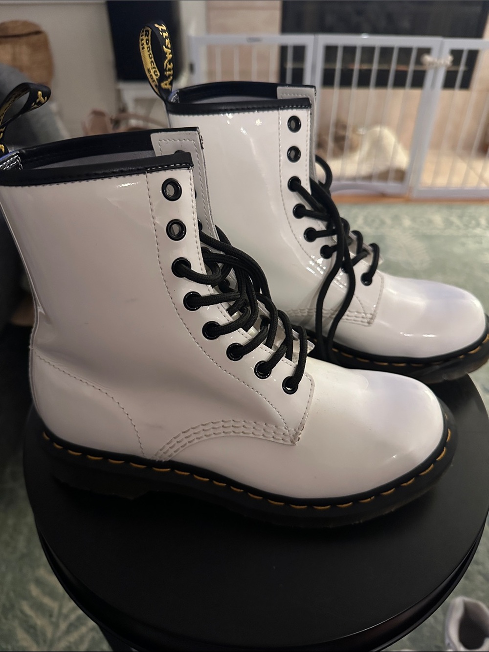 Dr. Martens White Patent Lace-Up Combat Boots with Black Trim